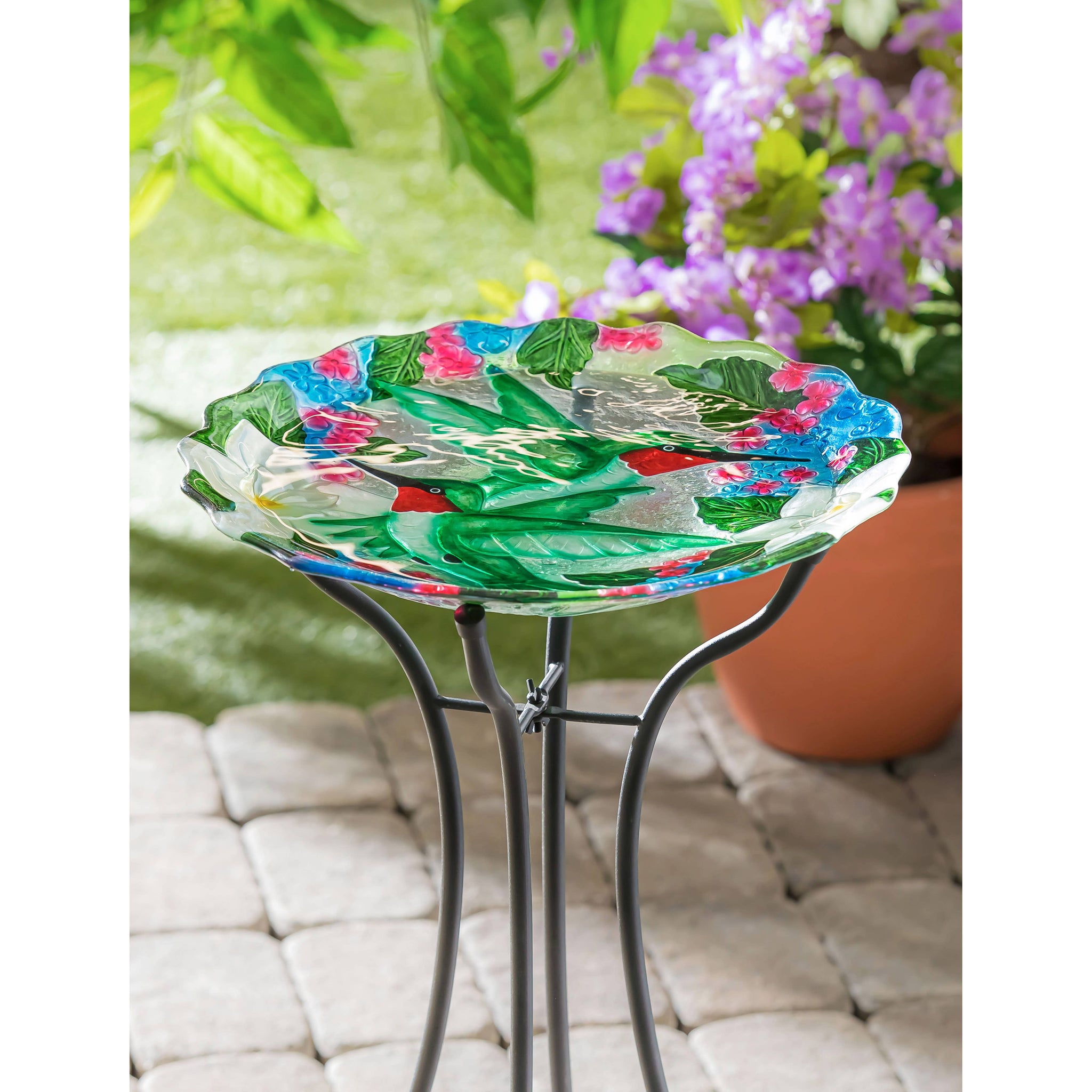 18"Hand Painted and Embossed Glass Shaped Bird Bath, Humming