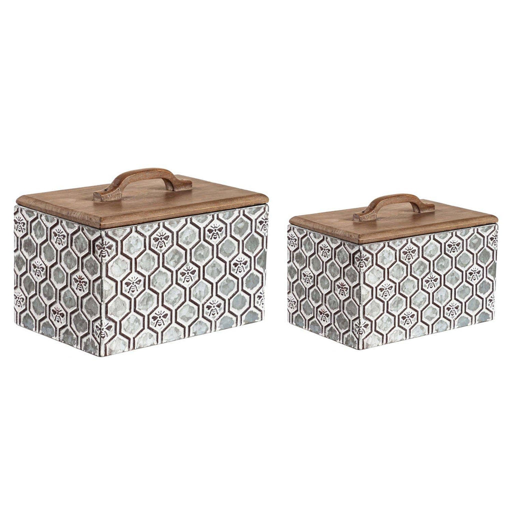 Embossed Metal Storage Box with Wood Lid, Nested Set of 2