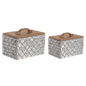 Embossed Metal Storage Box with Wood Lid, Nested Set of 2