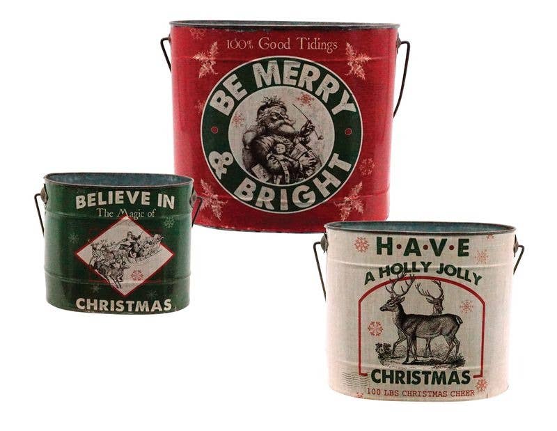 S/3 Metal Merry & Bright Bucket