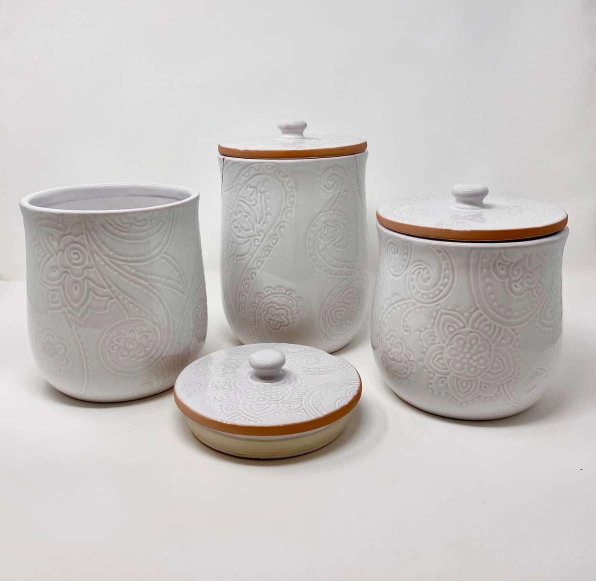 White Embossed Paisley Design Canister Set